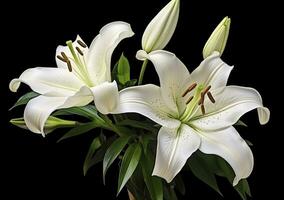 AI generated Beautiful fresh lily flower with green leaves, isolated on black background. AI Generated photo