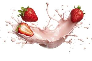 AI generated milk or yogurt splash with strawberries isolated on white background, 3d rendering. AI Generated photo