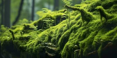 AI generated Green moss closeup, with a backdrop of woodland.  Forest in the national park. AI Generated photo