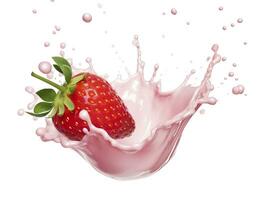 AI generated milk or yogurt splash with strawberries isolated on white background, 3d rendering. AI Generated photo