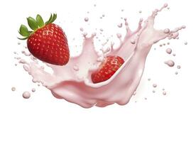 AI generated milk or yogurt splash with strawberries isolated on white background, 3d rendering. AI Generated photo