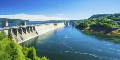 AI generated Hydroelectric dam generating green energy from flowing water.   AI Generated. photo