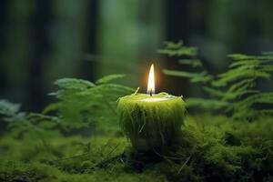 AI generated Burning candle on moss, dark green blurred the natural background. Magic candle. Generative AI photo