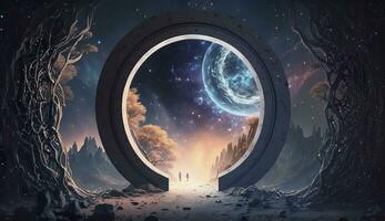 AI generated Portal to another world. Futuristic cosmic landscape with circle tunnel in starry sky. Generative AI photo