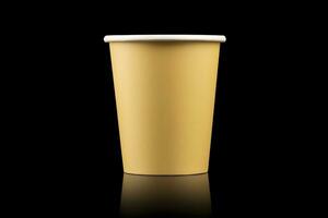 AI generated Side view yellow empty disposable paper fast food cup isolated on black background. Generative AI photo