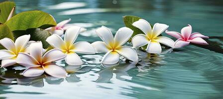 ai generado plumeria flores en verde hoja flotante en agua. un pacífico y sereno escena con un toque de naturaleza y belleza. ai generado foto