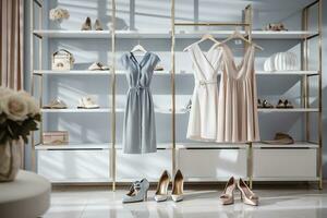 AI generated Stylish female clothes and shoes in a boutique. Generative AI photo