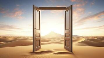 ai generado el abrió puerta en el desierto. desconocido y comienzo arriba concepto. ai generado. foto