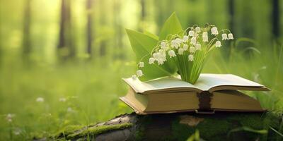 AI generated Lily of the Valley flowers and old books in the forest, green natural background. AI Generated photo