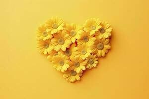 AI generated Yellow Heart Shaped By Yellow Daisies Over Yellow Background. AI Generated photo