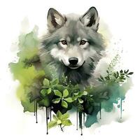 AI generated Wolf animal in greenery for kids emotional watercolors. AI Generated photo