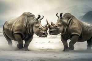 AI generated Two Rhinoceros getting ready for fight on Ice. AI Generated photo