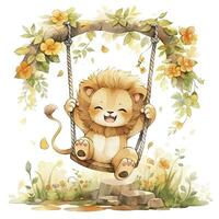 AI generated Cute and happy baby lion on swings on the tree in watercolor style. AI Generated photo
