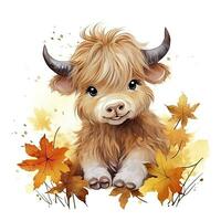 AI generated Happy cute baby highland cow in autumn leaves in the watercolor style. AI Generated photo