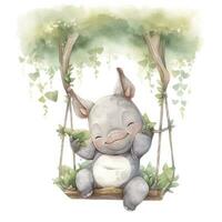 AI generated Cute happy baby rhino on swings in the tree in watercolor style. AI Generated photo