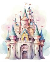 AI generated Colorful watercolor kawaii castle isolated on white background. AI Generated photo