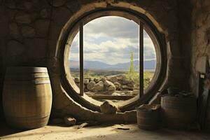 AI generated Barrel in an ancient castle beside the window. AI Generated photo