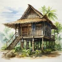 AI generated A watercolored bright serene image of a traditional bahay kubo. AI Generated photo