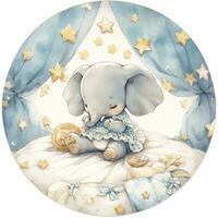 AI generated An elephant on a bed with stars and blankets around the circle. AI Generated photo