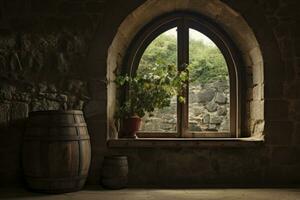 ai generado barril en un antiguo castillo junto a el ventana. ai generado foto