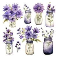 AI generated Collection of watercolor mason jars with purple flowers clipart. AI Generated photo