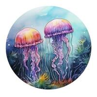 AI generated Jellyfish in an underwater landscape in a circle. AI Generated photo