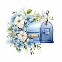 AI generated Watercolor light blue floral mailbox on a white background. AI Generated photo