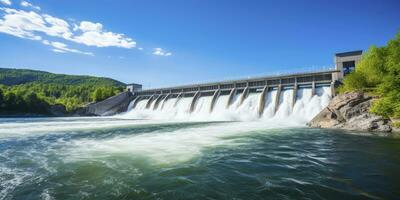 ai generado hidroeléctrico represa generando verde energía desde fluido agua. ai generado. foto