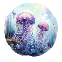 AI generated Jellyfish in an underwater landscape in a circle. AI Generated photo