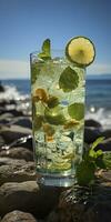 AI generated Stunning photo of cocktail mojito, a sunny summer beach in the background. Generative AI