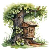 AI generated Watercolor mailbox in a tree on a white background. AI Generated photo