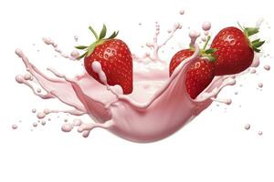 ai generado Leche o yogur chapoteo con fresas aislado en blanco fondo, 3d representación. ai generado foto