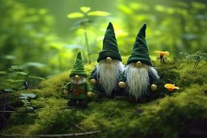 AI generated Toy Irish gnomes in a mystery forest, abstract green natural background. Generative AI photo