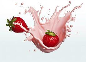 AI generated milk or yogurt splash with strawberries isolated on white background, 3d rendering. AI Generated photo