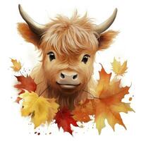 AI generated Happy cute baby highland cow in autumn leaves in the watercolor style. AI Generated photo