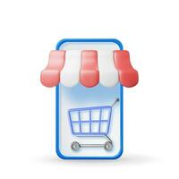 3D Striped Awning, Shopping Cart and Smartphone. vector