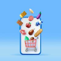 3d teléfono inteligente con compras tienda de comestibles carro vector