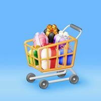 3D Metal Shopping Cart with Heap of Gift Boxes vector