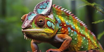 AI generated A colorful close up chameleon with a high crest on its head. Generative AI photo