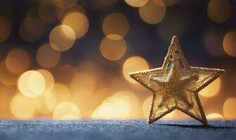 AI generated Sparkling Golden Christmas Star. Ornament Decoration Defocused Bokeh Background. AI Generated photo