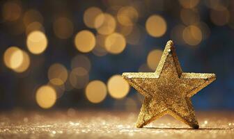 AI generated Sparkling Golden Christmas Star. Ornament Decoration Defocused Bokeh Background. AI Generated photo