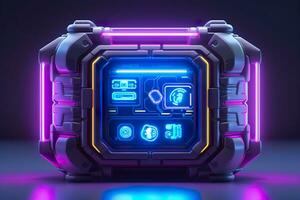 AI generated Modern and Futuristic Neon Digital Gaming Chest in Cartoon Pixar 3D Blender Style. AI Generative photo