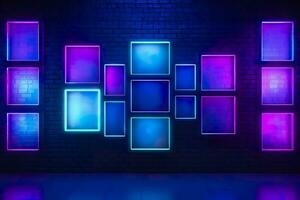 AI generated blue and purple lighted panels on a wall. generative AI photo