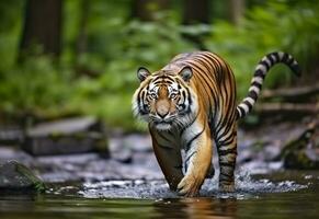 AI generated Amur tiger walking in the water. Dangerous animal.  Animal in a green forest stream. Generative AI photo