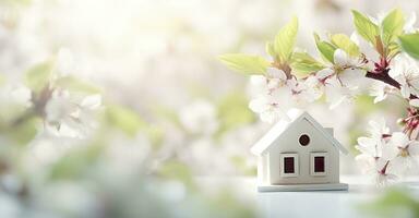 AI generated Toy house and cherry flowers, spring abstract natural background. Generative AI photo