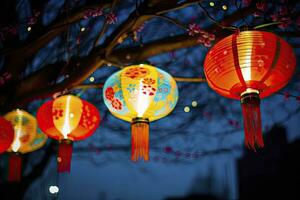 AI generated Colorful festival lanterns during the Chinese traditional holiday season. AI Generated photo