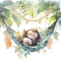 AI generated A sleepy baby monkey in a hammock. watercolor illustration. AI Generated photo