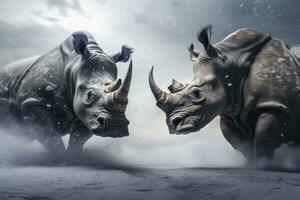 AI generated Two Rhinoceros getting ready for fight on Ice. AI Generated photo