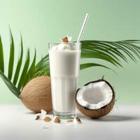 AI generated Coconut milk shake glass with fresh sliced coconut. Generative AI photo