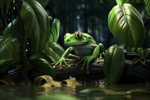 AI generated Tree Frog sitting on plant. AI Generated photo